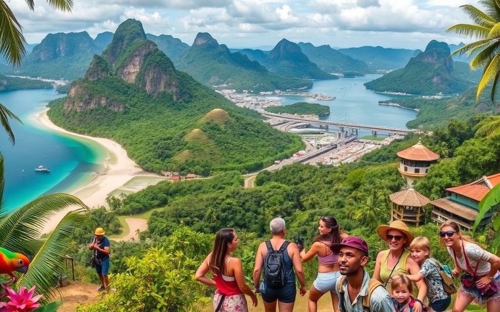Group of tourists overlooking a lush green landscape with mountains, a river, and a beach in a tropical location.