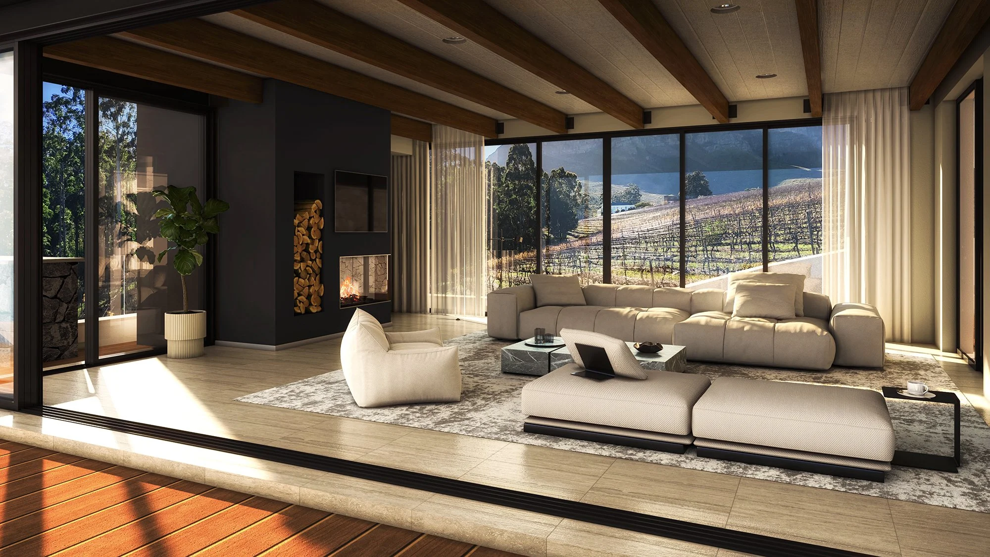 Modern living room with large windows showing river and vineyard outside, beige sofas, coffee table, armchair, fireplace, potted plant, wooden ceiling beams, and curtains.