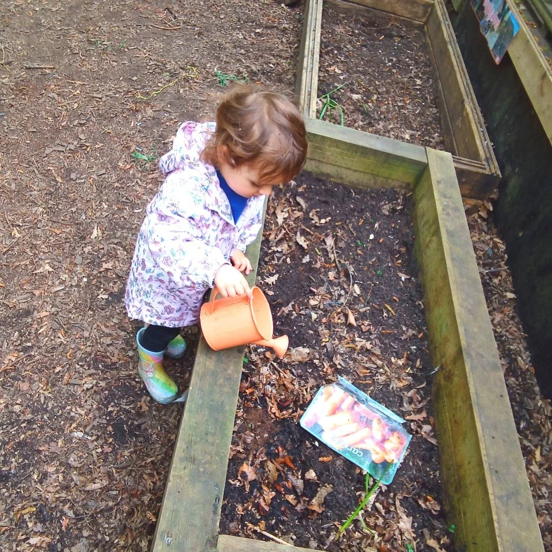 Our outdoor areas in our setting support many different activities that are enriching and fun. We love to encourage a caring attitude towards nature and admiring what nature provides. Watering plants and drawing flowers spark creativity and coordinat
