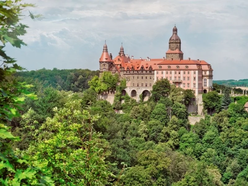 A large historic castle with multiple towers and reddish roofs, perched on a hill surrounded by dense green forest.