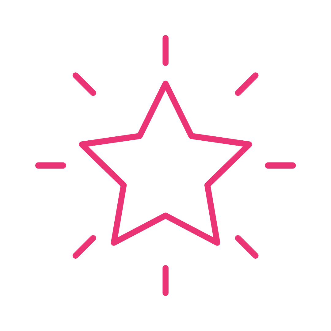Pink outline of a star with dashed lines emanating from it on a white background.
