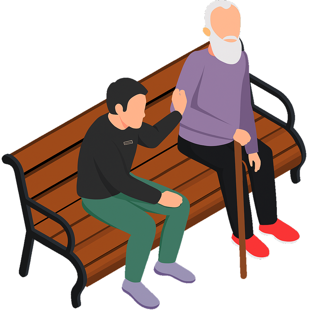 Illustration of a young man talking to an elderly woman with a cane sitting on a park bench.