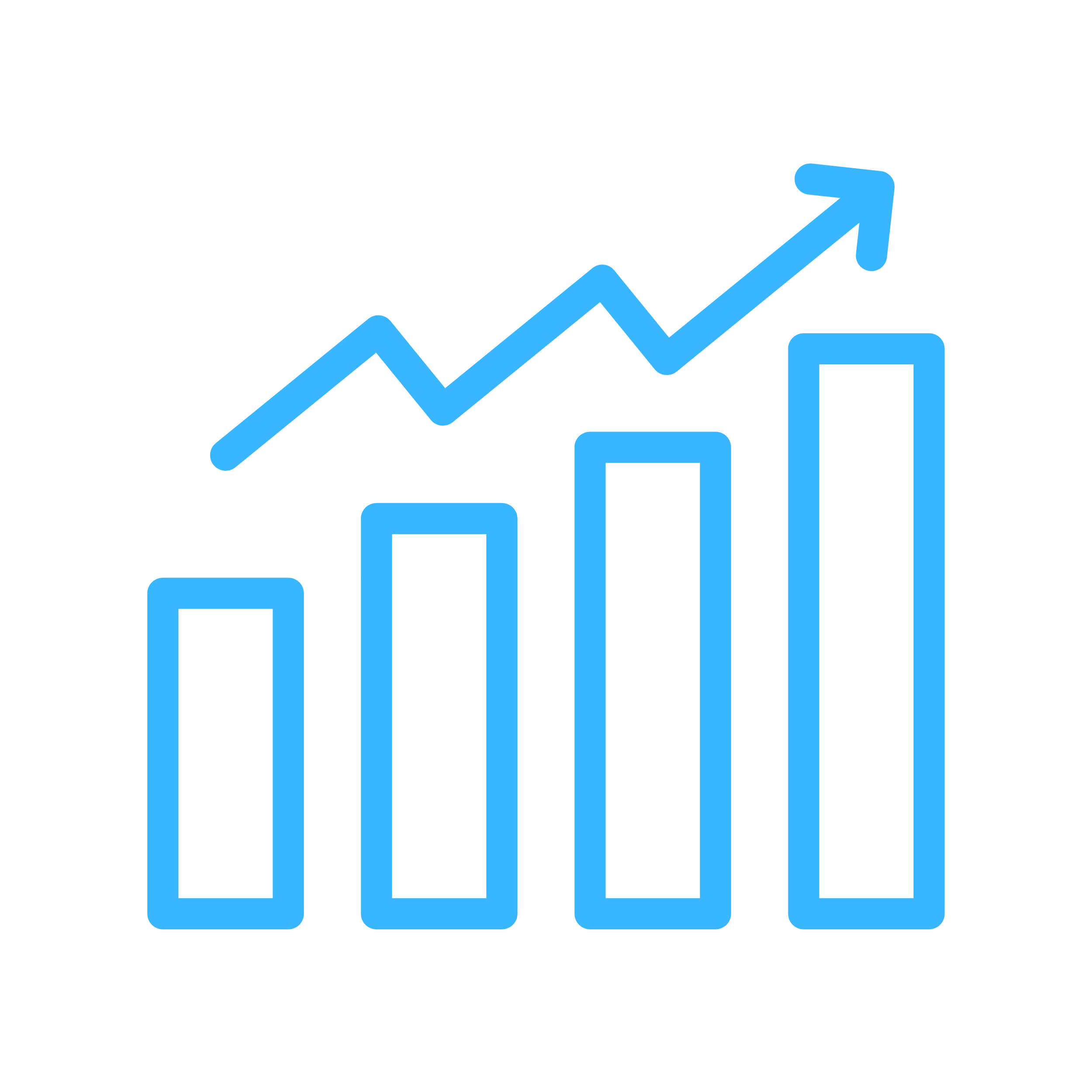 Blue line graph with upward trend and four increasing bar chart segments.