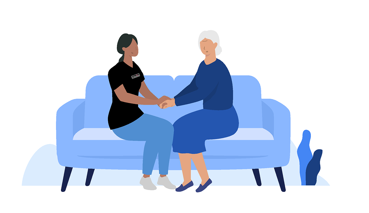 Illustration of a caregiver and an elderly woman sitting on a blue sofa, holding hands and smiling at each other.