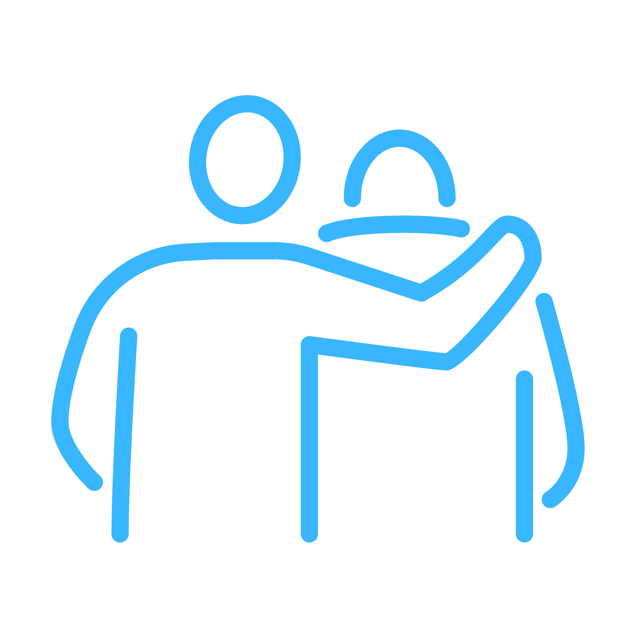 Line drawing of a person holding a baby, with the person having their arm around the baby's head.