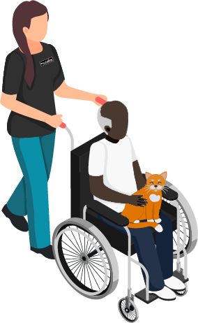 A person in a wheelchair holding a cat with a person standing nearby.