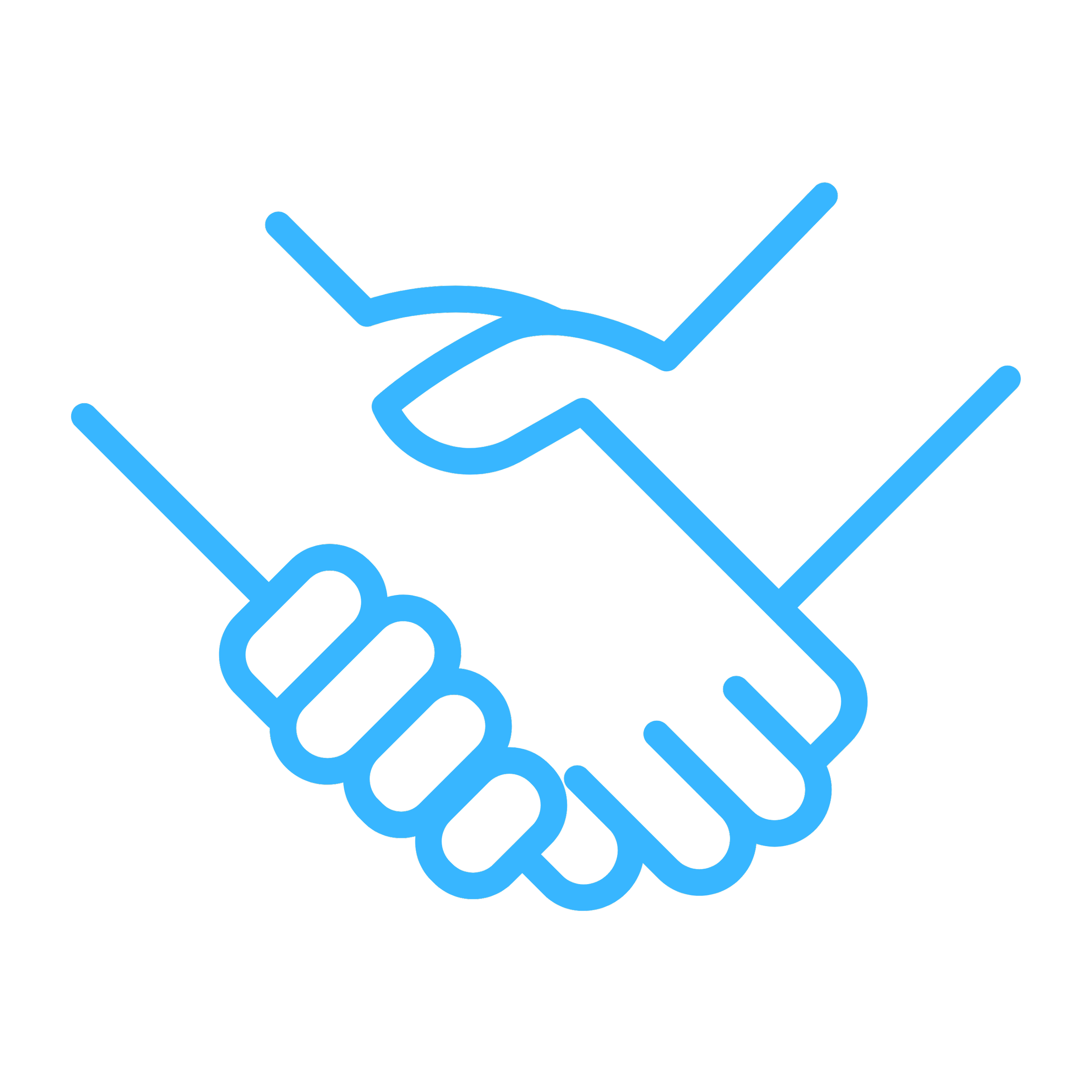 Blue outline of a handshake on a black background, symbolizing agreement or partnership.