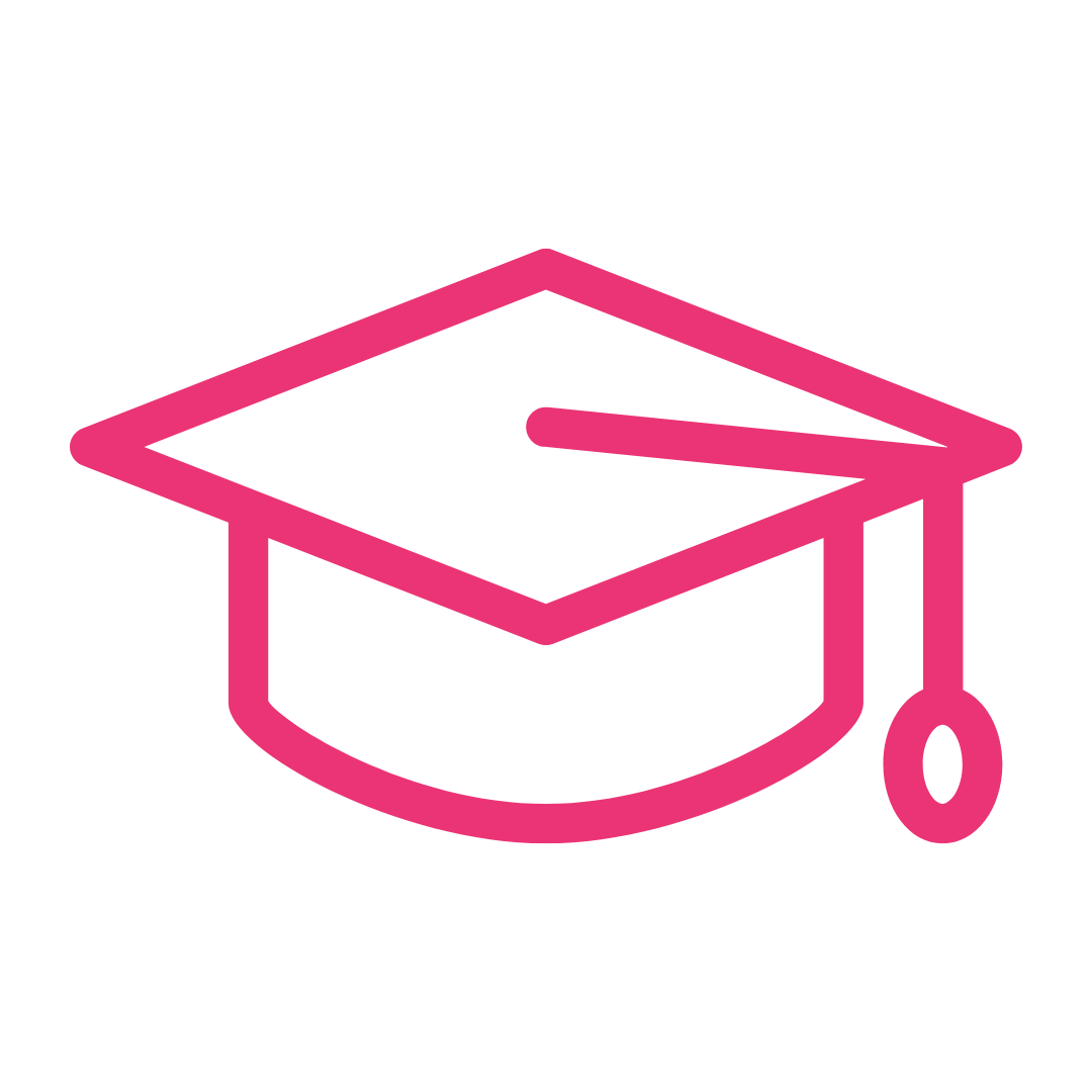 Pink graduation cap icon on black background.