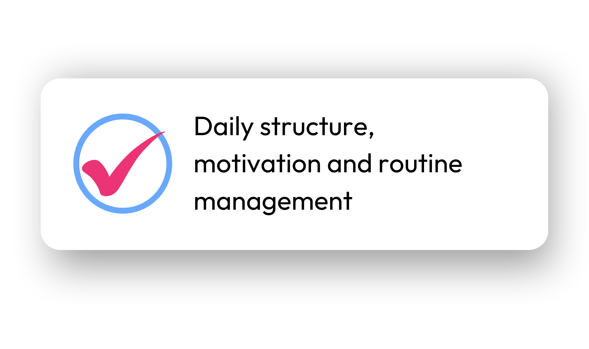 Icon of a pink checkmark inside a blue circle next to text that says, 'Daily structure, motivation and routine management'.