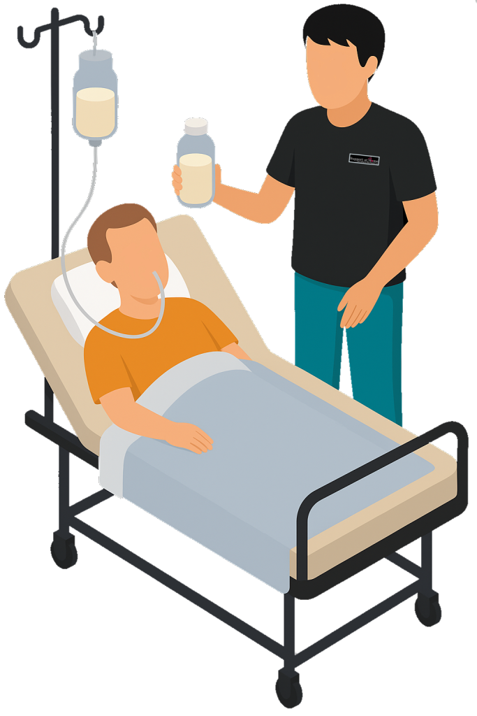 A person in a hospital bed with an oxygen tube in their nose, receiving intravenous fluids from an IV drip, while another person stands beside the bed holding a bottle of what appears to be medication or supplement.