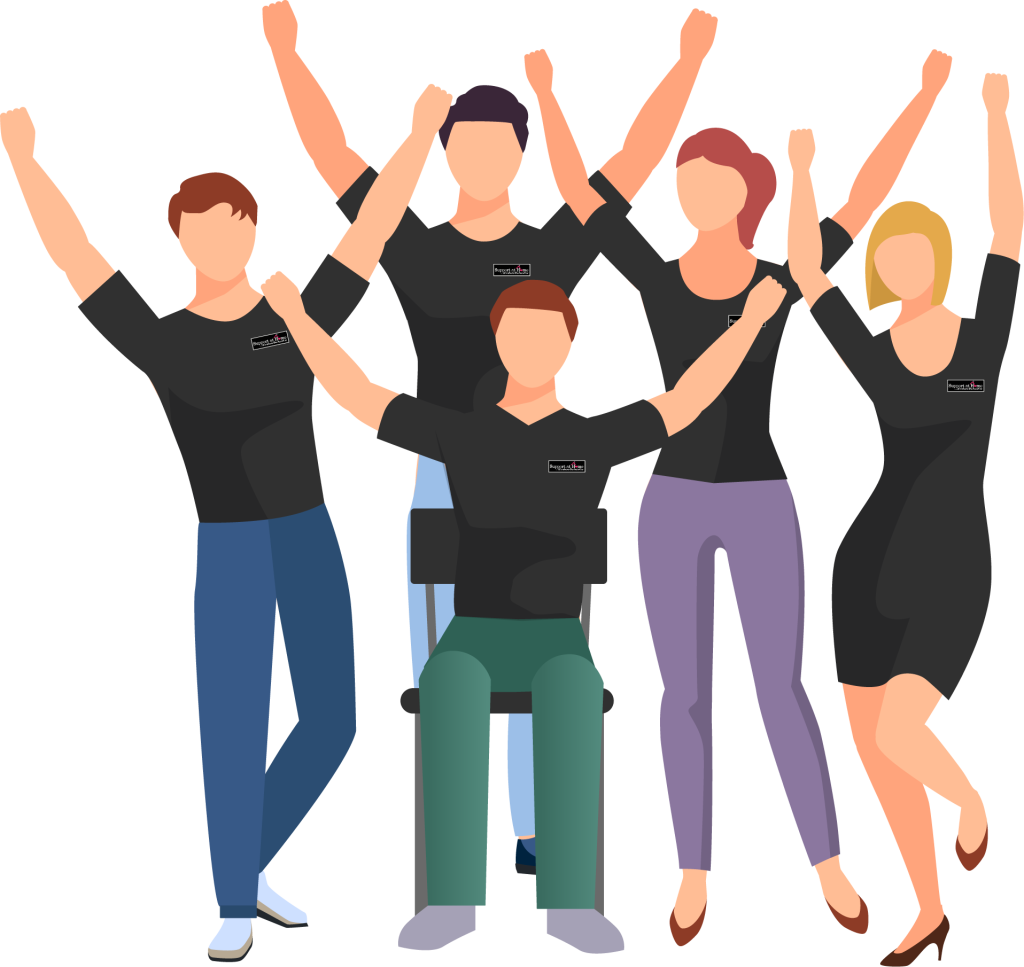 This is a digital illustration of six people taking a group selfie; all are wearing black shirts with a small logo on the left chest area, against a background with shades of peach and pink.