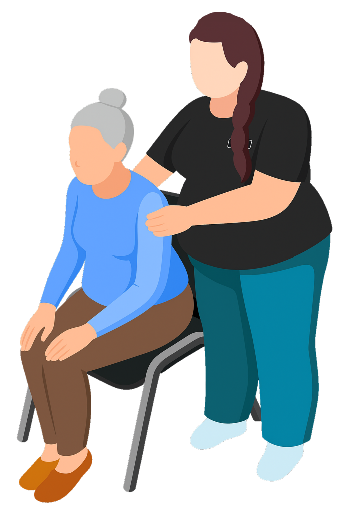 A woman sitting on a chair with gray hair tied in a bun, wearing a blue long-sleeve shirt and brown pants, while another woman with long brown hair braided over her shoulder, dressed in a black shirt and greenish-blue pants, stands beside her with a hand on her shoulder.