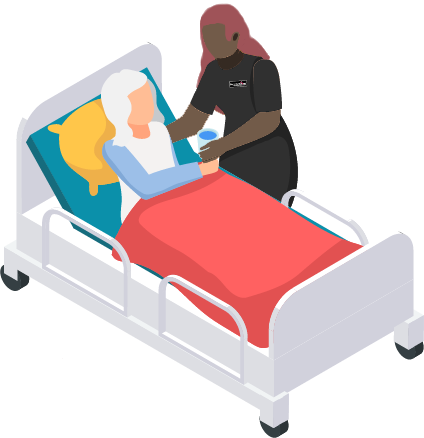 A person in a black shirt handing a blue cup to a patient lying in a hospital bed, with the patient covered by a red blanket.