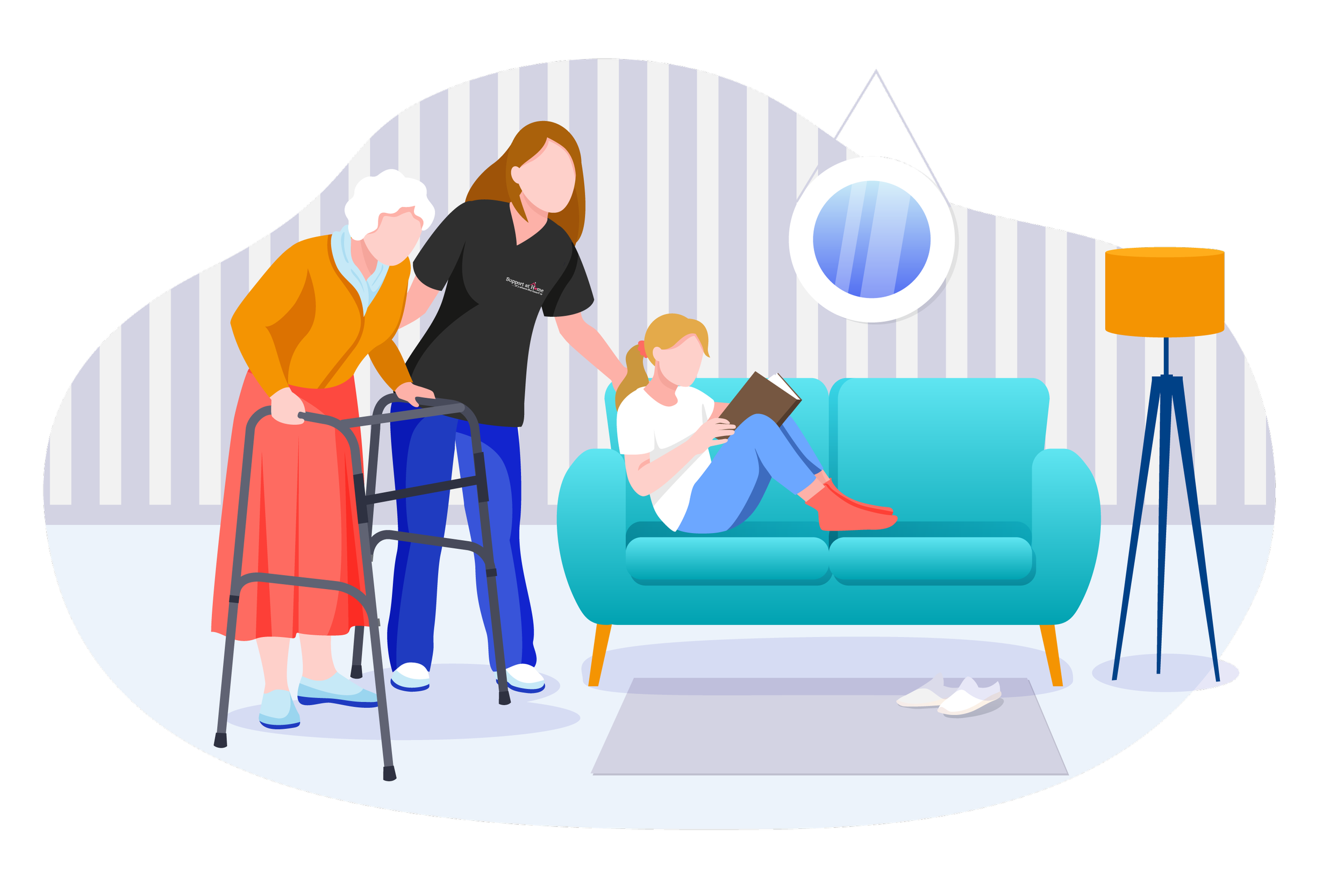 A girl sitting on a blue couch reading a book, an elderly woman with white hair using a walker, and a caregiver assisting her in a living room with striped wallpaper, a mirror, a floor lamp, and shoes on the floor.