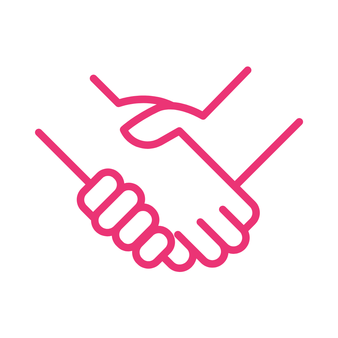 Pink outline of two hands shaking on a black background.