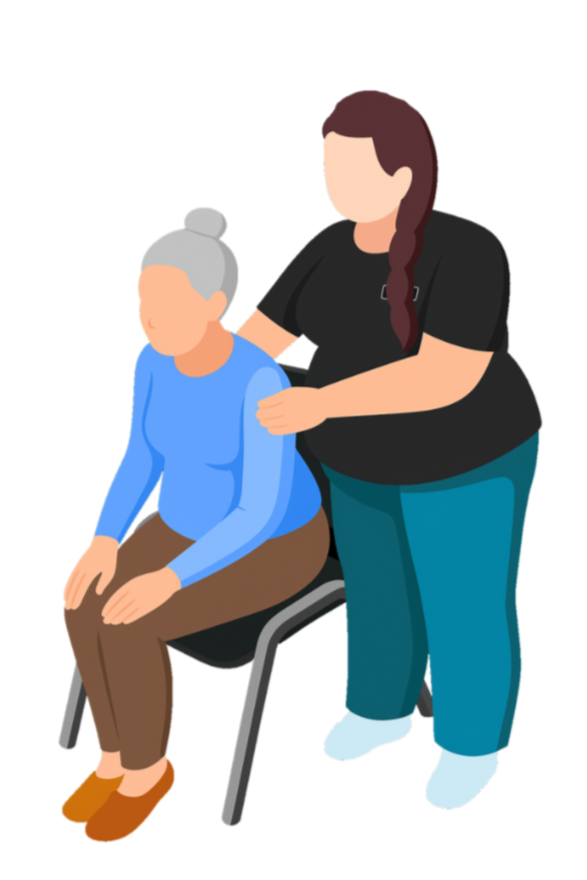 Two women, one sitting and the other standing, with the standing woman providing support.