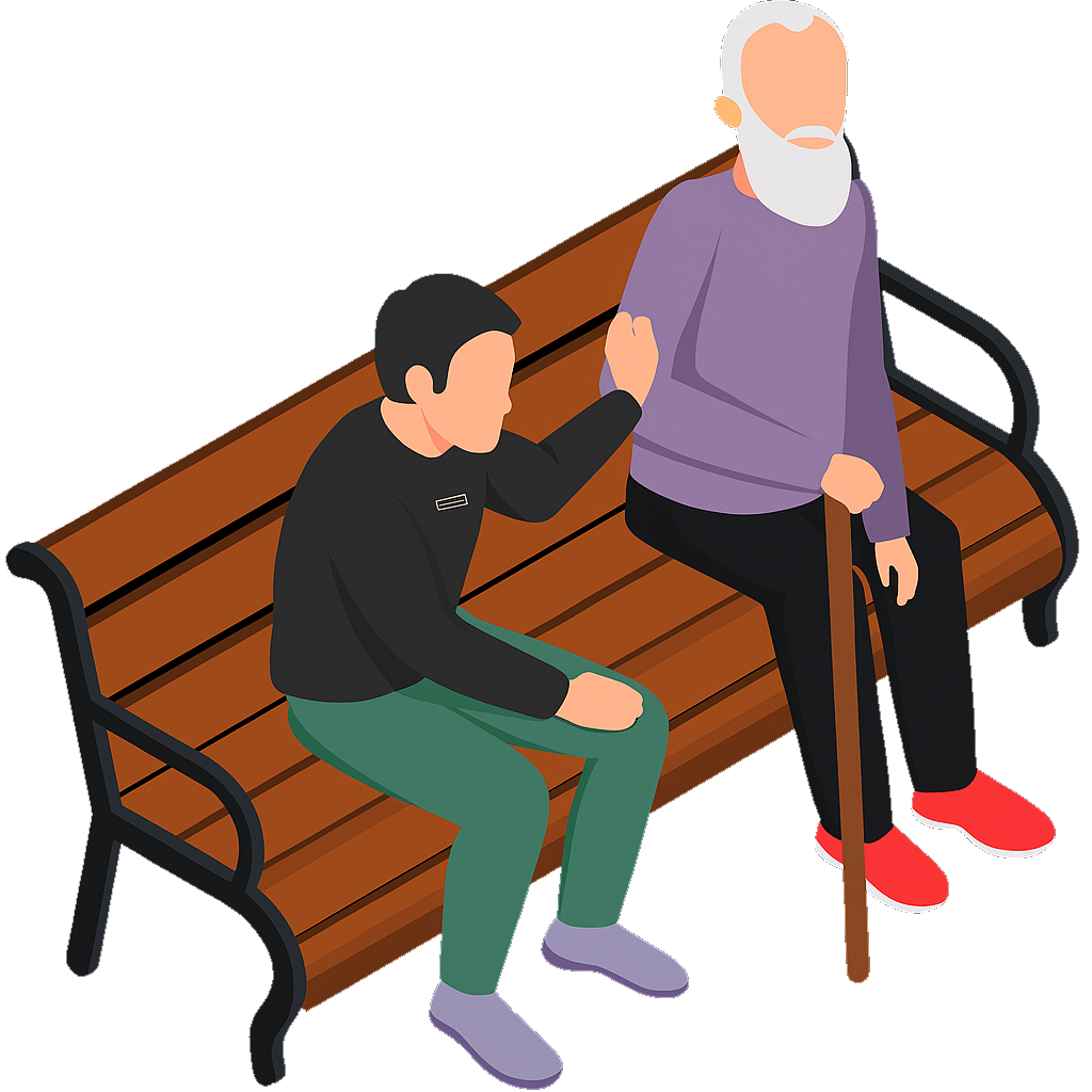 A young man talking to an elderly man sitting on a park bench. The elderly man has a cane and wears red shoes. The young man appears to be comforting or conversing with him.