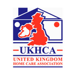 Logo of the United Kingdom Home Care Association (UKHCA), featuring a red map of the UK with a white silhouette of a nurse's head, and text beneath reading 'United Kingdom Home Care Association.'