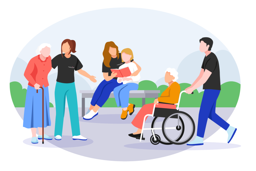 Illustration of healthcare workers assisting elderly and disabled people in a park, including a caregiver helping a woman in a wheelchair, and another woman reading to a child.