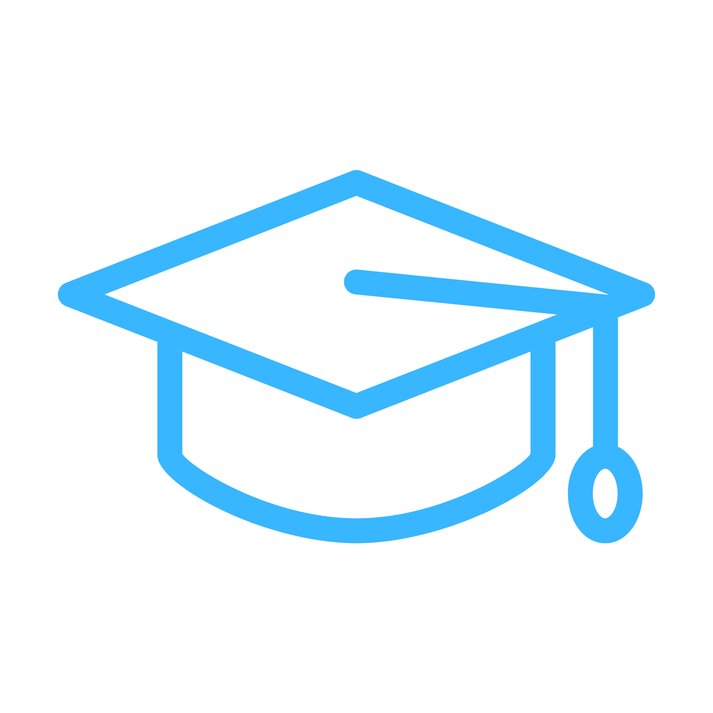 Blue graduation cap icon on black background.