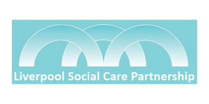 Liverpool Social Care Partnership logo with white text on a light blue background.