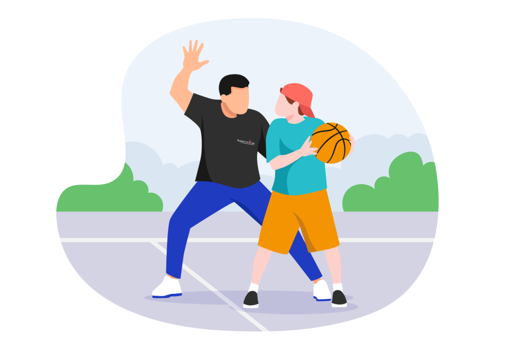 An illustration of two children playing basketball on an outdoor court, with one child defending and the other holding a basketball.