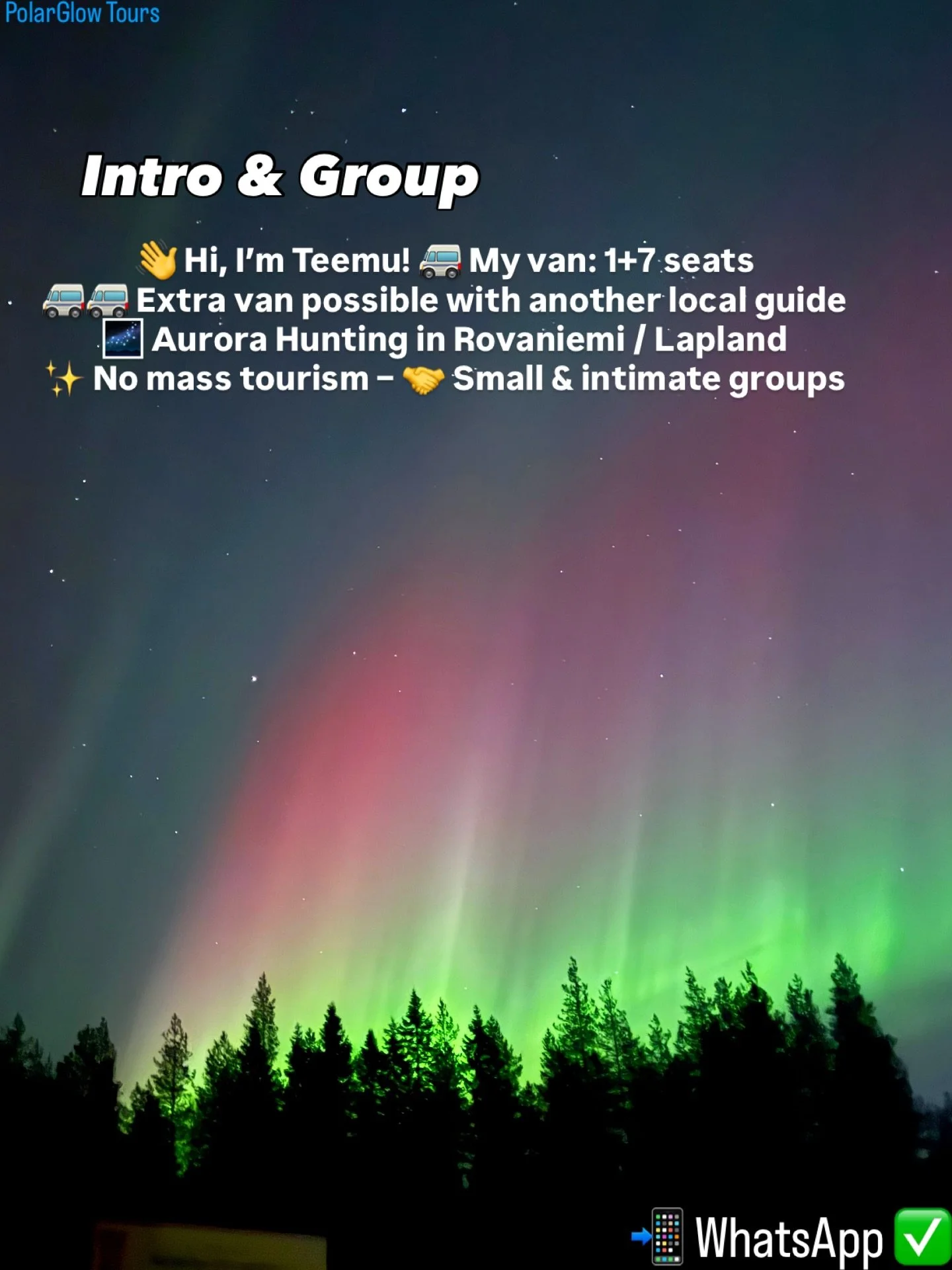 Aurora Hunt 🌌 Small groups, no mass tourism! 
Duration 3&ndash;7h | Pickup in Rovaniemi 
📲 Book via WhatsApp: +358 45 78310089