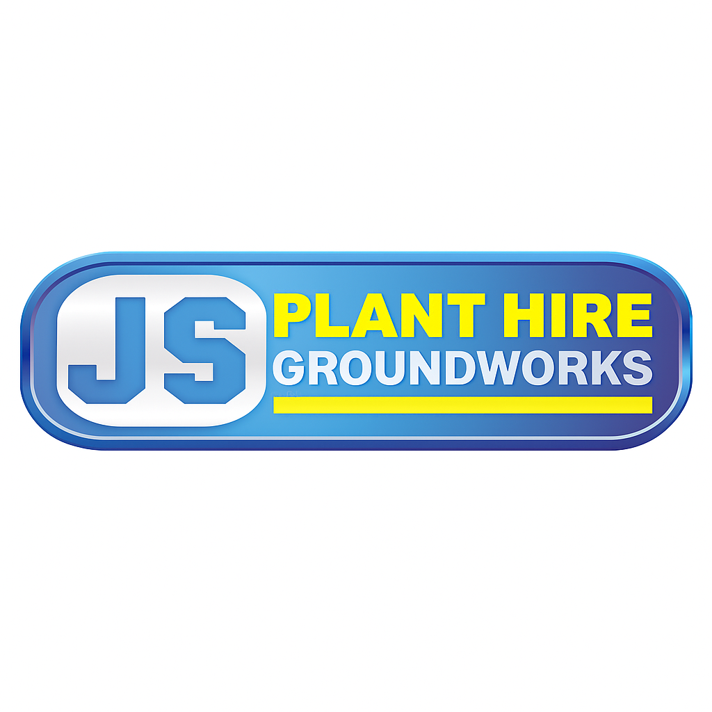Logo for JS Plant Hire Groundworks, featuring bold blue, yellow, and white text on a blue gradient background.
