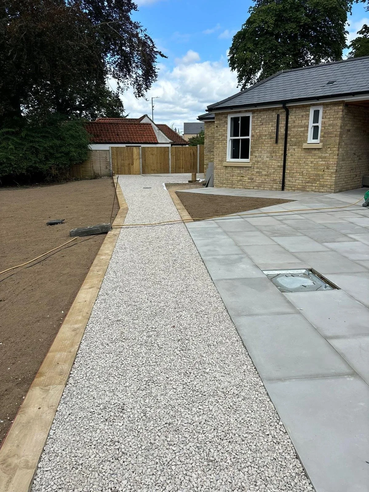 A newly paved backyard with a gravel pathway and concrete patio, surrounded by a wooden fence, with part of the garden bed prepared for planting, and trees in the background under a partly cloudy sky.