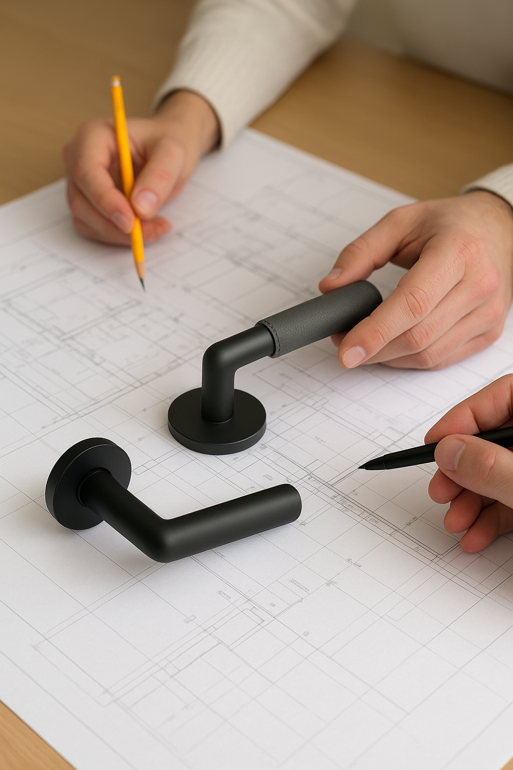 Hands working on architectural blueprints with a pencil, pen, and black door handles.