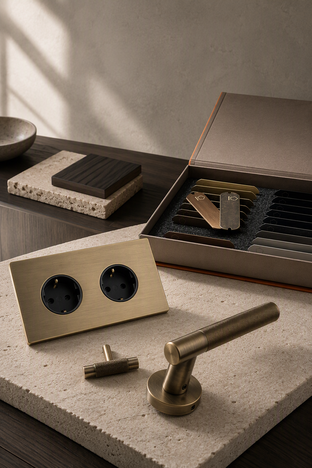 A collection of modern fixtures and decor items on a beige stone surface, including a dual electrical outlet, a cylindrical door handle, and a variety of metallic-colored hardware pieces in a box.