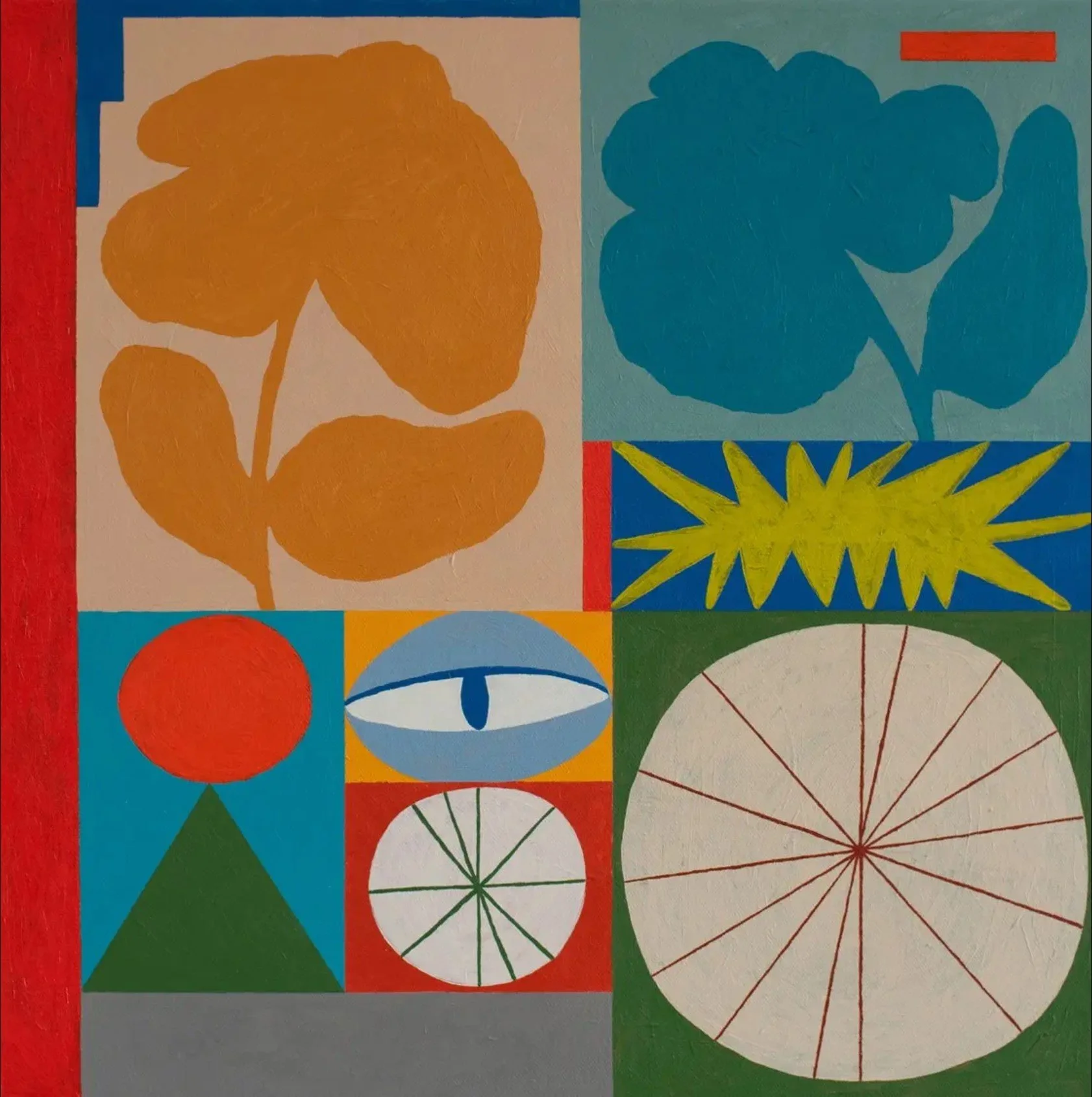 Colorful abstract painting with various geometric shapes and organic forms, including a large orange leaf, blue flower-like shape, yellow burst, red circle, blue eye, white circle with red lines, and green triangle on a multicolored background.