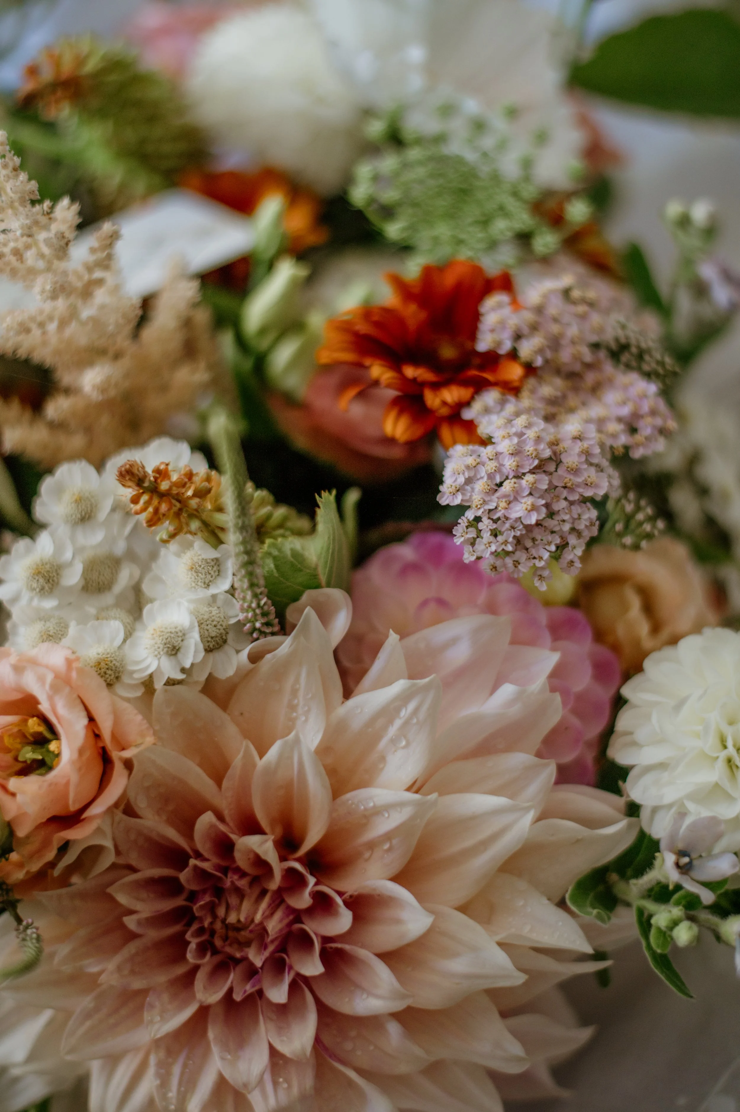 Close-up of a bouquet of various flowers, including dahlias, roses, and other blooms in soft pastel and vibrant colors.