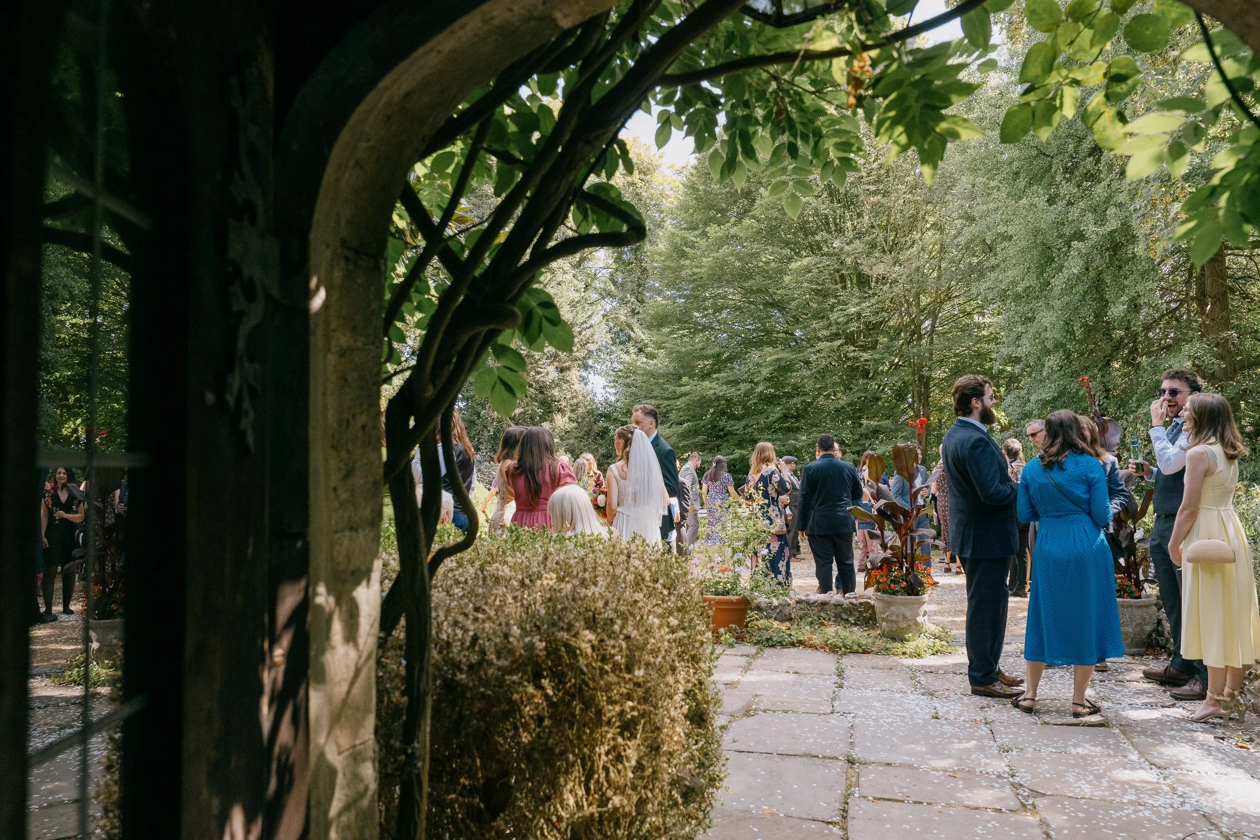 People gathered outdoors in a garden setting for a wedding, viewed through a gate with vines. The bride and groom are in the center, surrounded by guests in colorful dresses and suits, with trees and potted plants in the background.