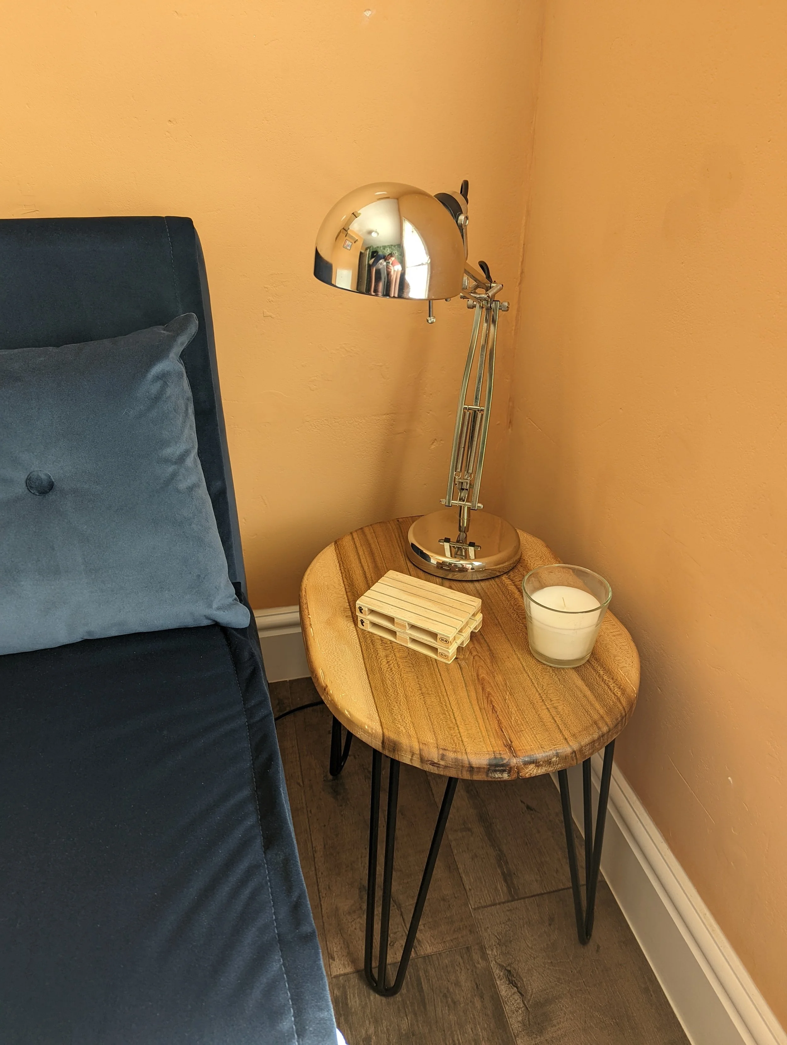 Skinny side table to fit in a guest room, made of Yew to fit their decor. 