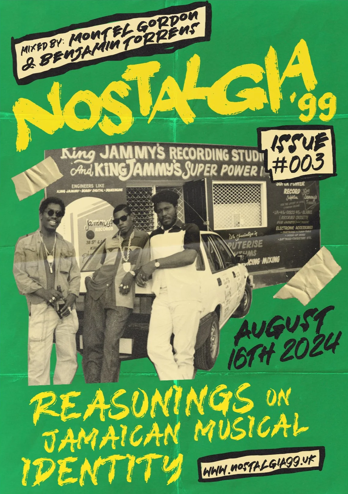 A colorful poster for a Jamaican musical event titled 'Nostalgia GG', scheduled for August 16th, 2024. The poster features a black and white photograph of three men standing in front of a recording studio, with the text 'Rearrangements on Jamaican Musical Identity' and a website www.nostalgiag99.uk.