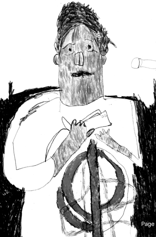 A hand-drawn cartoon of a person with messy hair, glasses, and a surprised expression, holding a microphone and a piece of paper, with a peace sign symbol on their shirt.