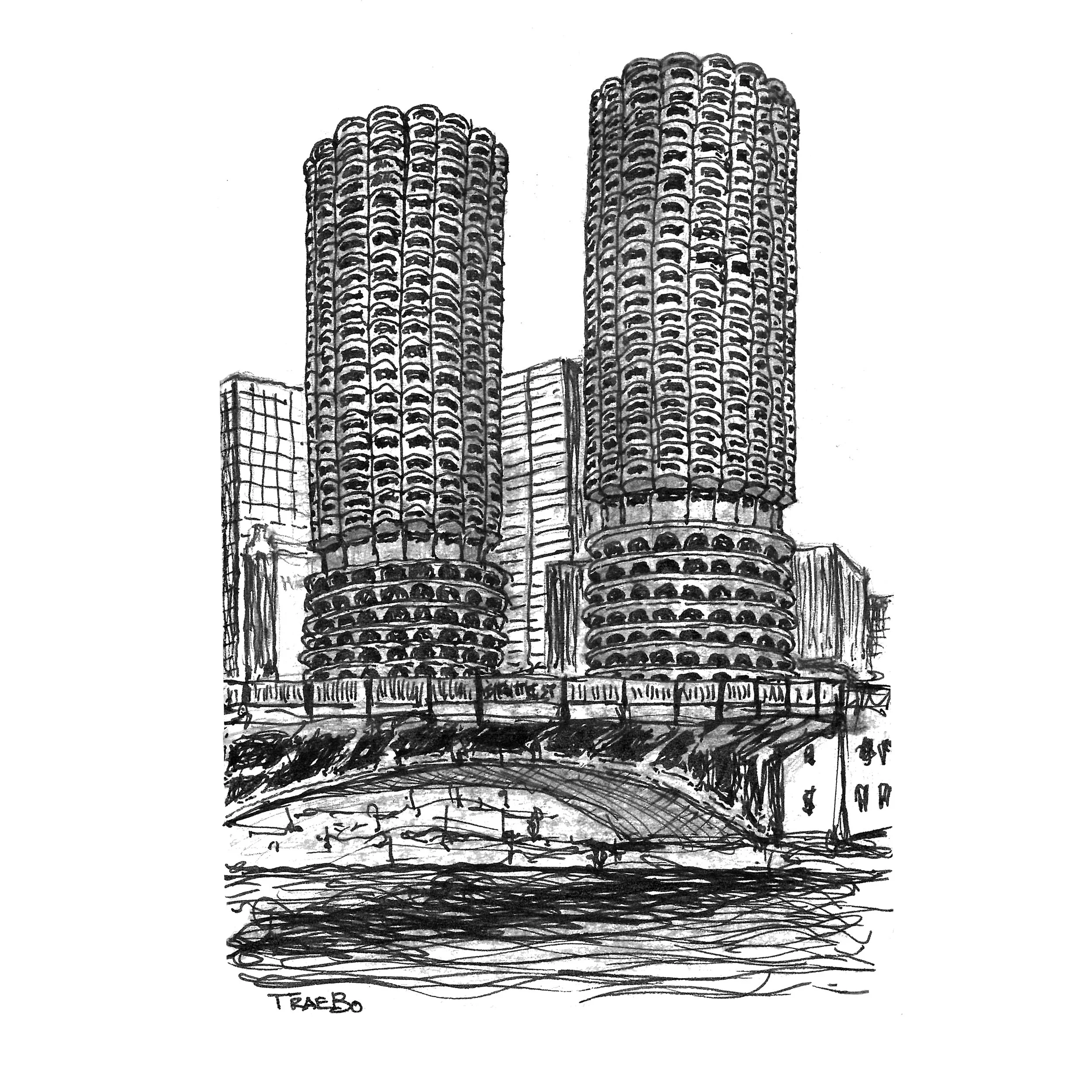 STATE STREET BRIDGE AND MARINA TOWERS SKETCH