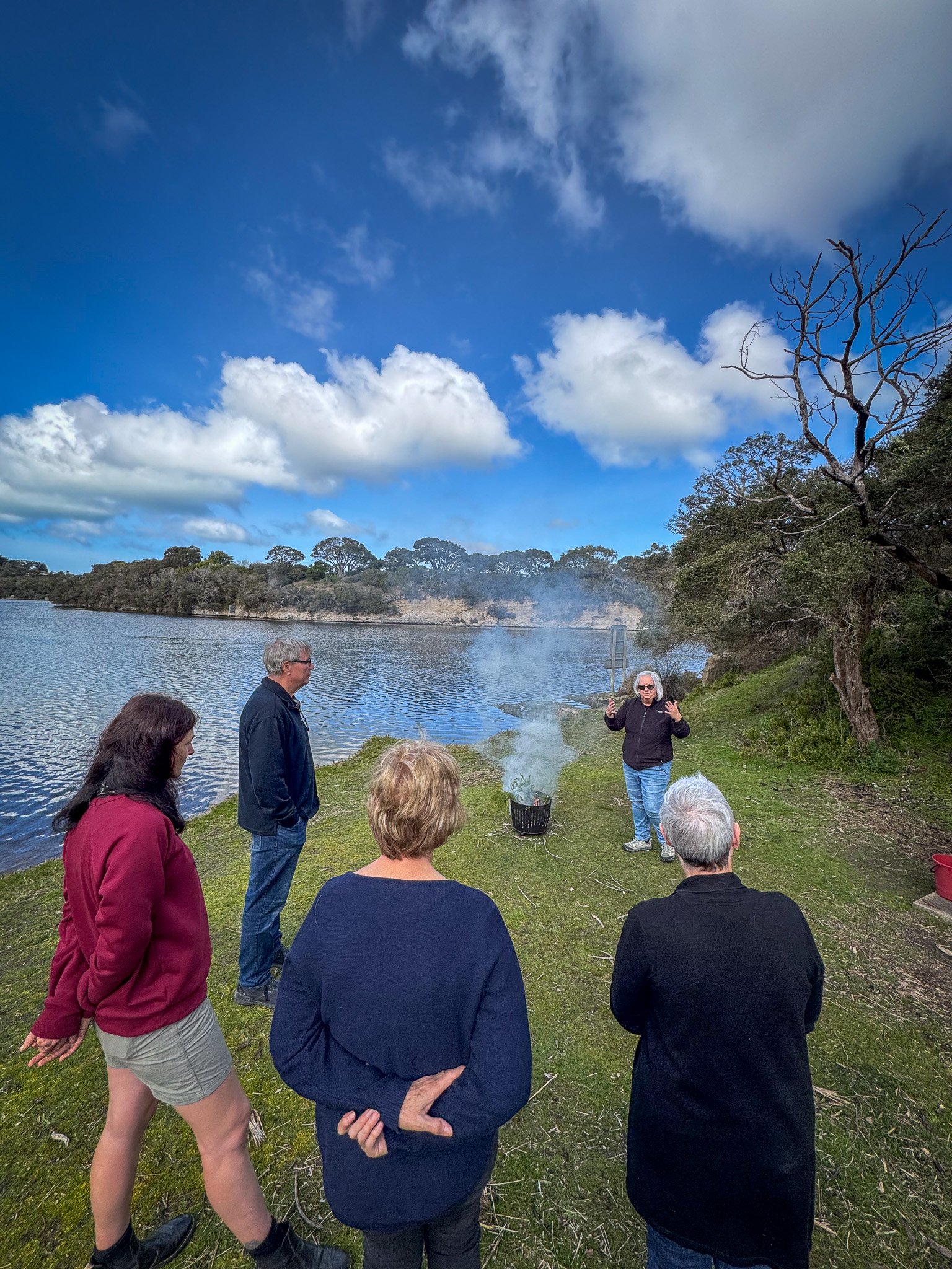 Gunditjmara guide Judy McDonald yarns with tour guests by Bocara in Nelson Victoria