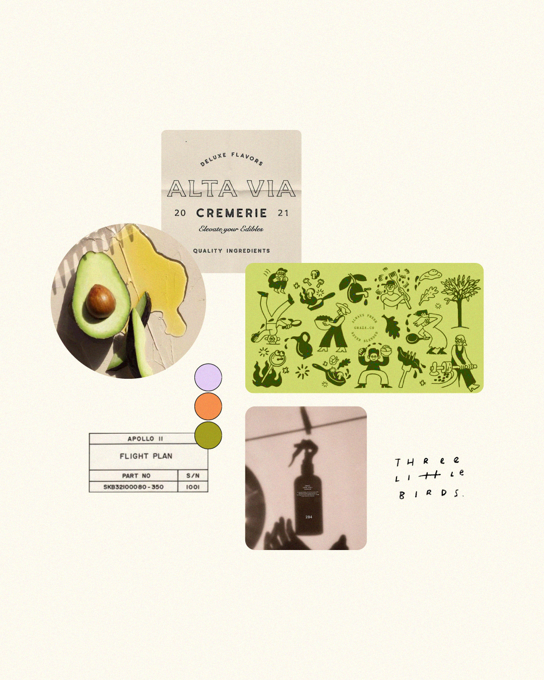 Collage featuring an ALTAVIA Cremerie label, avocado with paint, whimsical green illustration, Apollo II flight plan text, color swatches, a shadow of a bottle, and 'Three Little Birds' text.