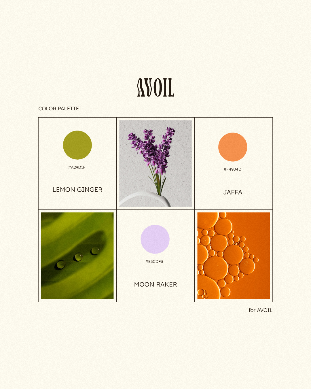 Color palette featuring Lemon Ginger, Jaffa, and Moon Raker with images of flowers and water droplets. Includes color codes #A29D1F, #F4904D, and #E3CDF3. Designed for AVOIL.