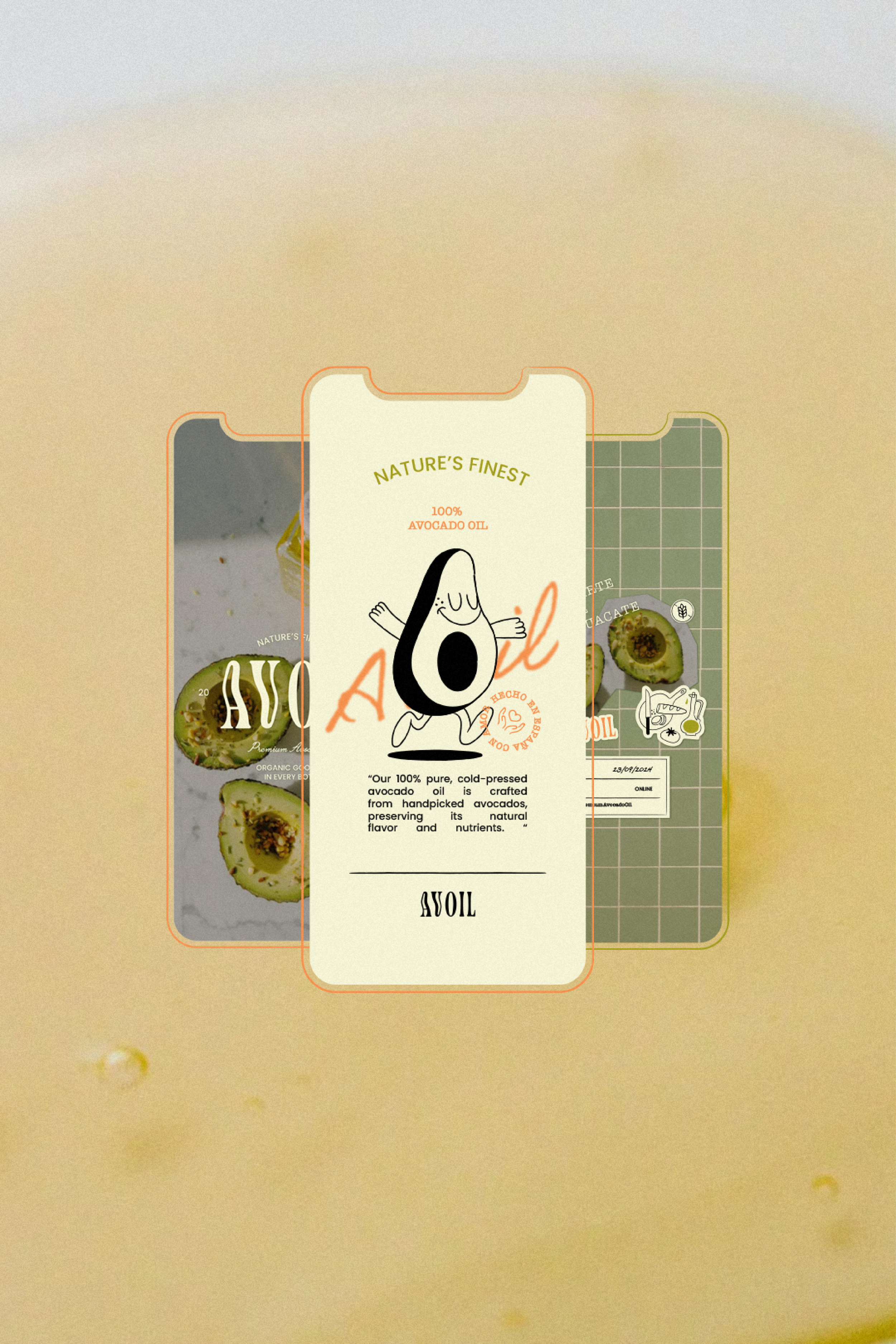 Graphics featuring three designs promoting 100% cold-pressed avocado oil, with illustrations of avocados and text highlighting natural ingredients and benefits.