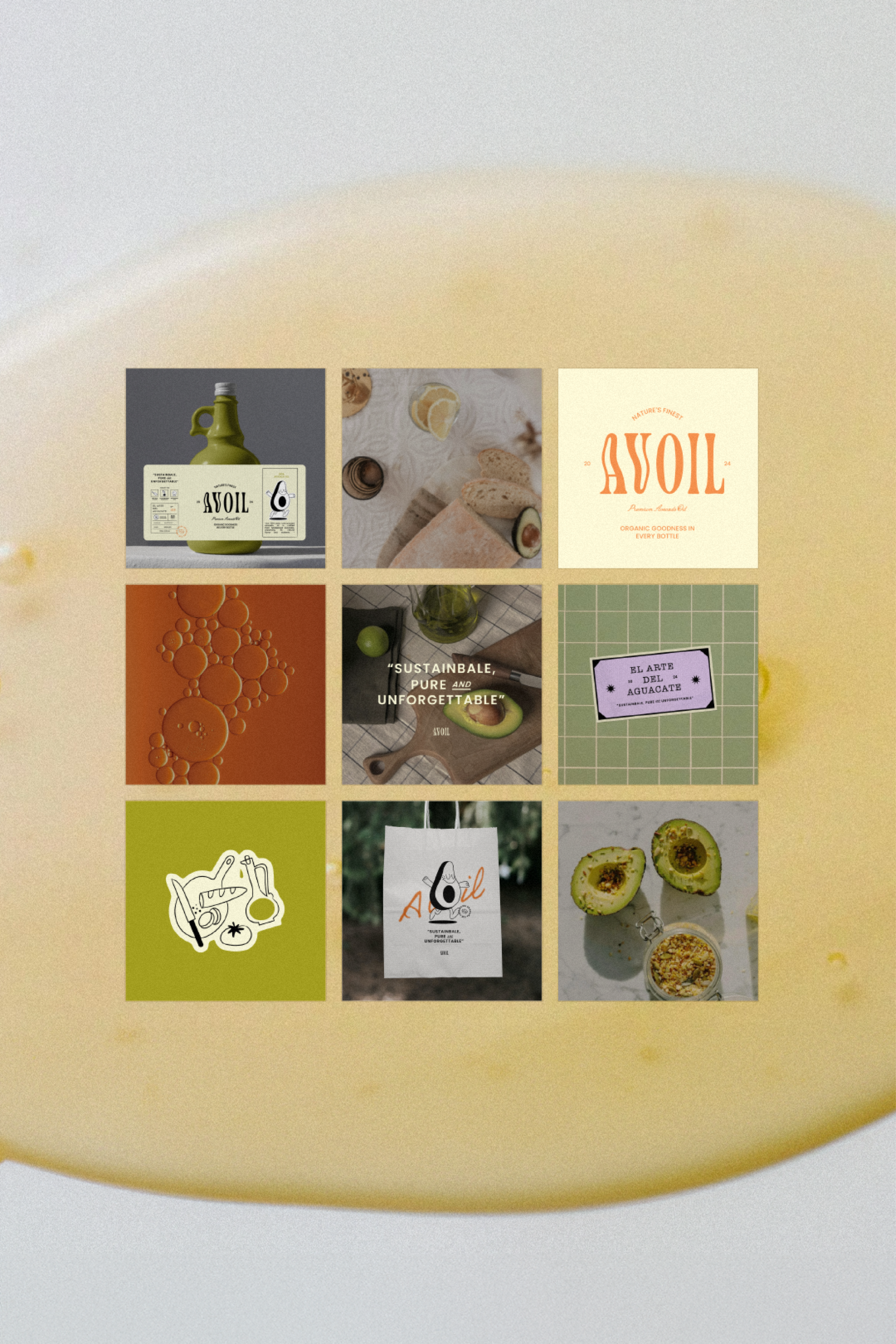 Grid of images related to Asoil, showcasing bottles, bread, avocados, and branding materials.