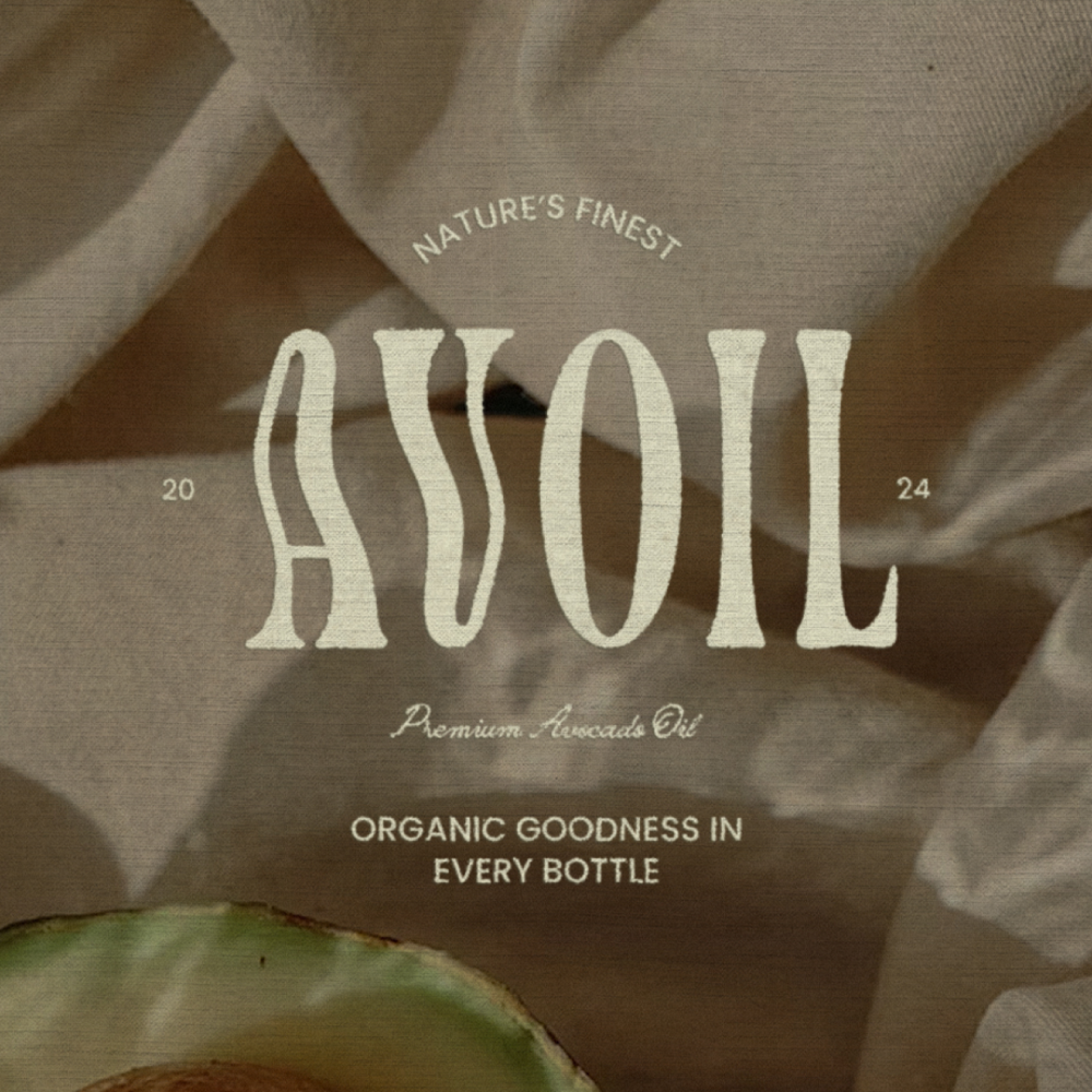 Label for "Avoil" avocado oil with text "Nature's Finest Premium Avocado Oil, Organic Goodness in Every Bottle."