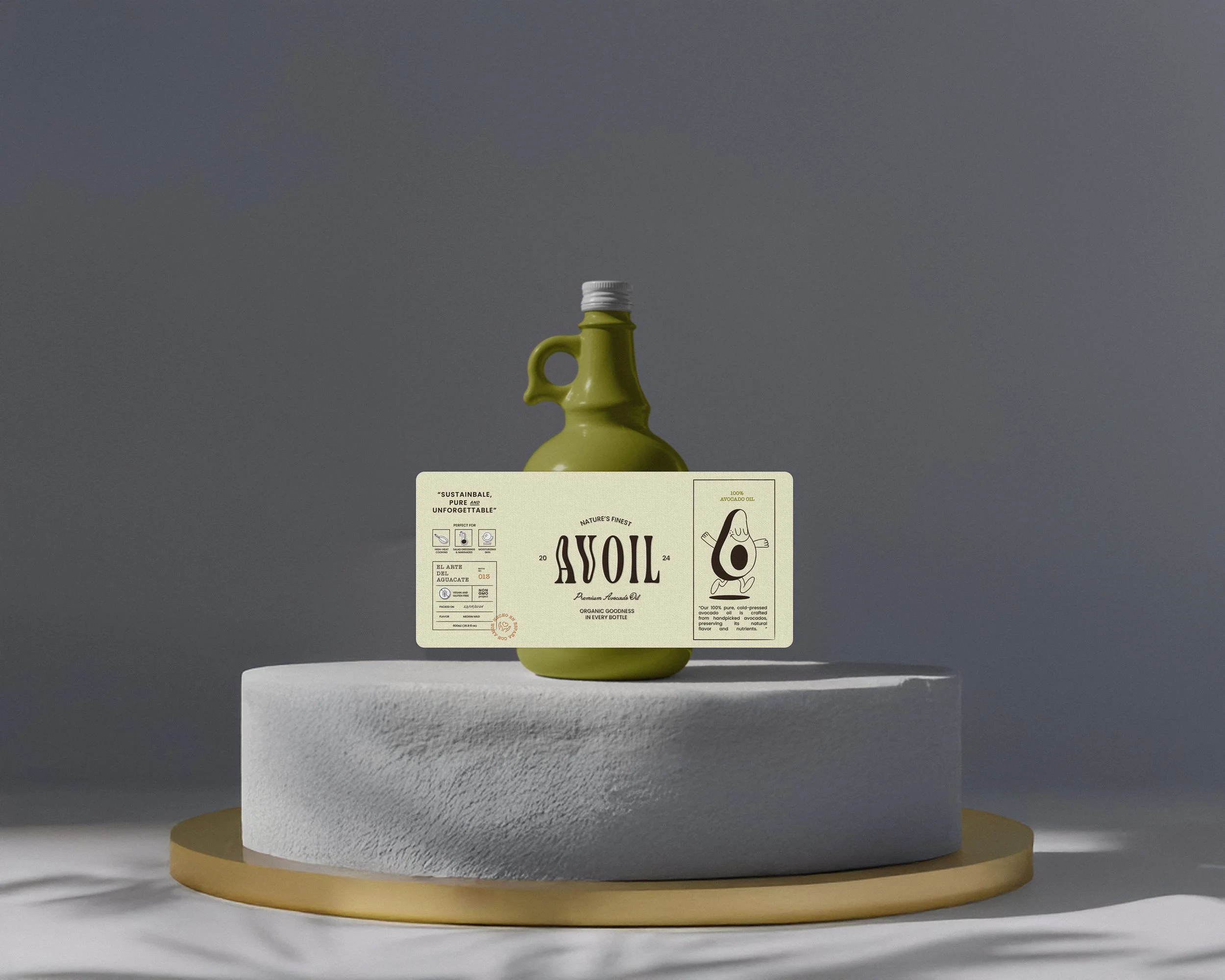 Green glass bottle labeled "Avoil," showcasing premium avocado oil, on a modern white and gold pedestal.