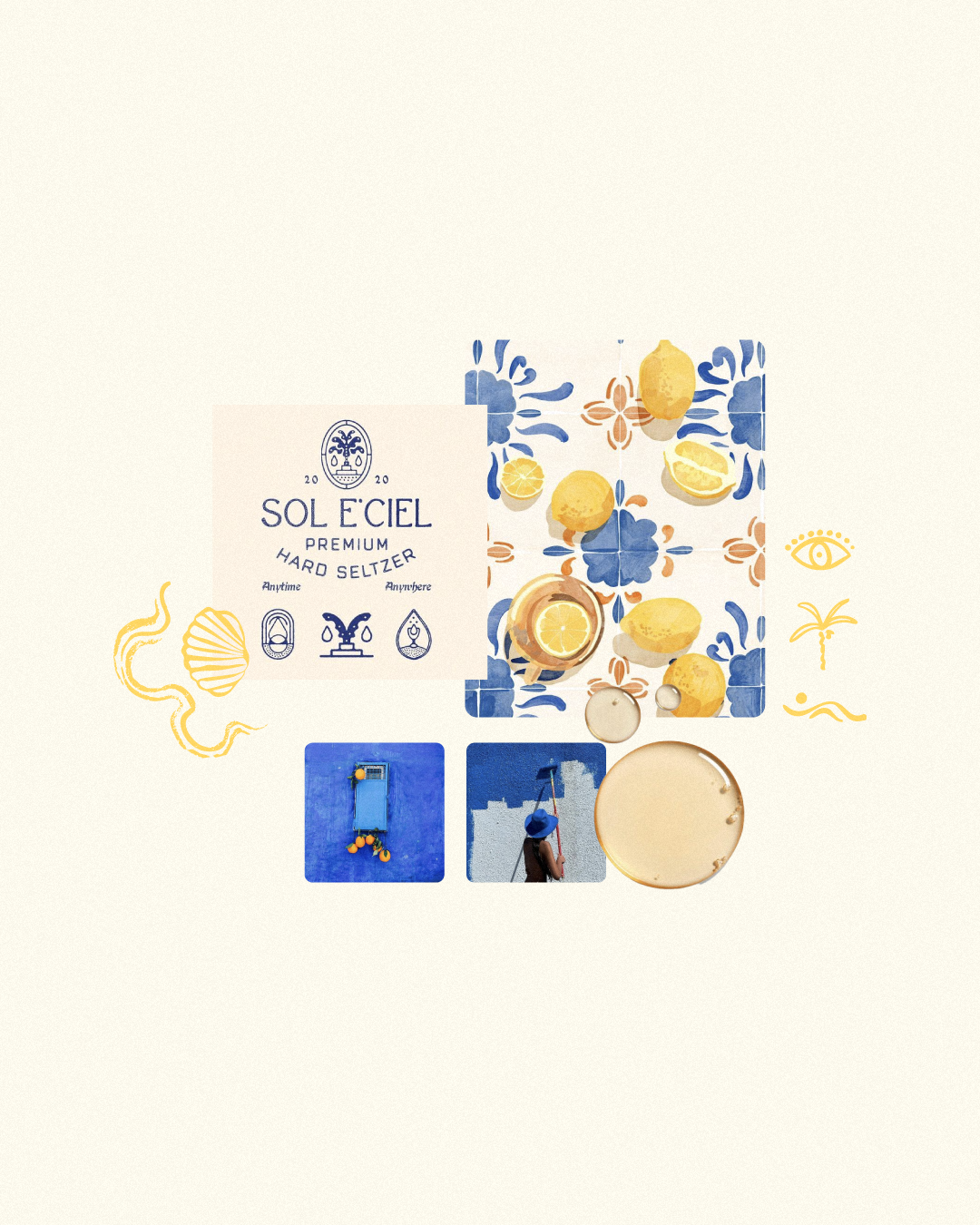 Collage featuring Sol E'Ciel premium hard seltzer label, lemons on a blue and white patterned background, an eye illustration, palm tree sketch, and photos of a blue-painted window with oranges and a person painting a wall blue.