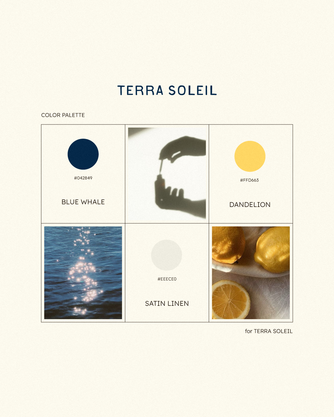 Terra Soleil color palette featuring Blue Whale, Dandelion, Satin Linen, and images of water and lemons.