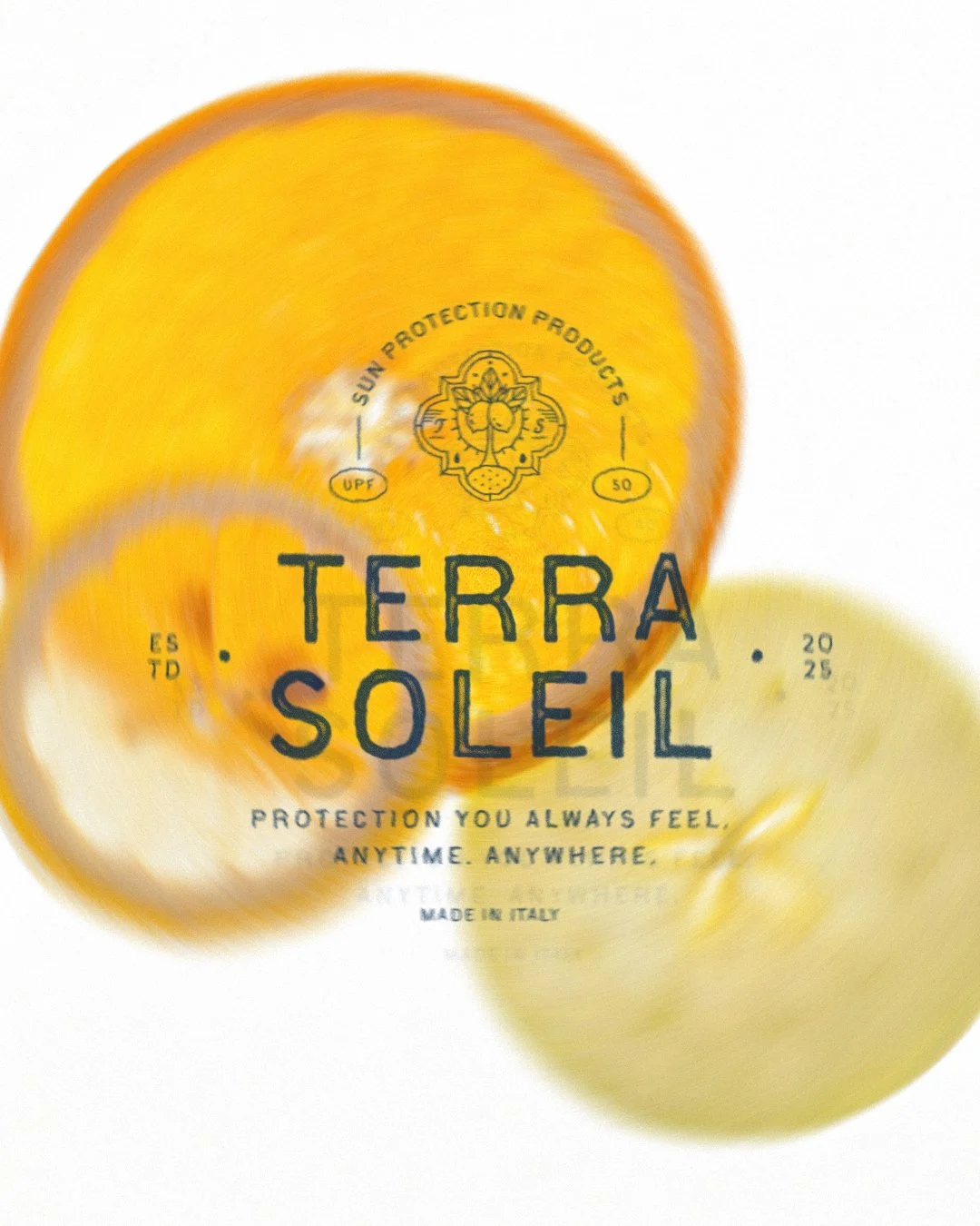 Blurry citrus slices with Terra Soleil sun protection product label overlay.