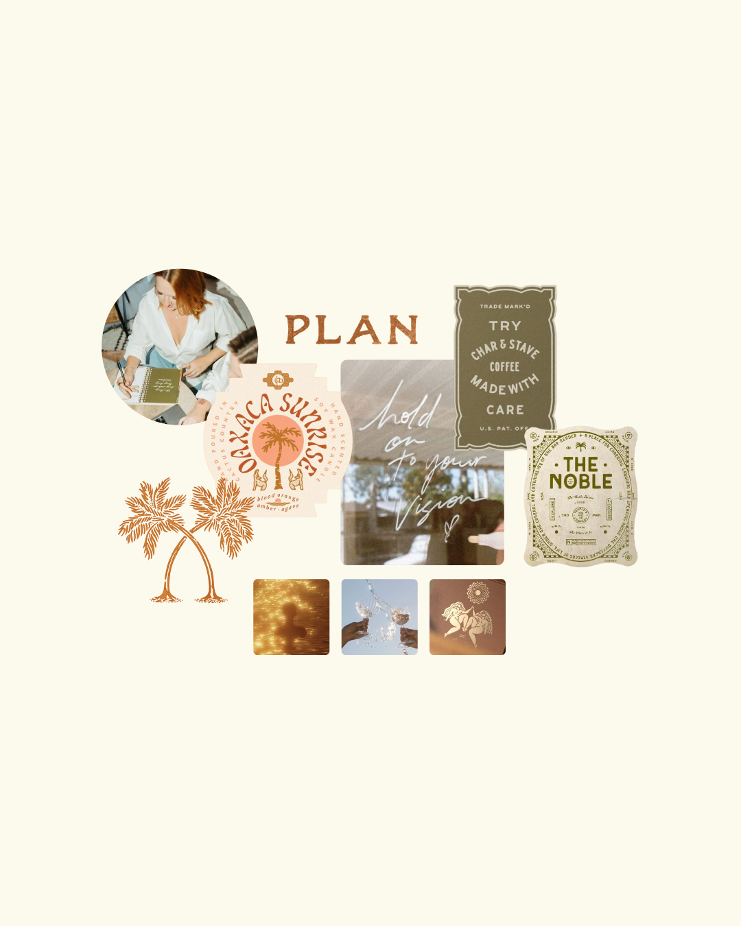 Collage featuring a person writing, text reading 'Plan', vintage-style labels, palm tree graphics, and small square images with abstract designs and hand gestures with wine glasses.