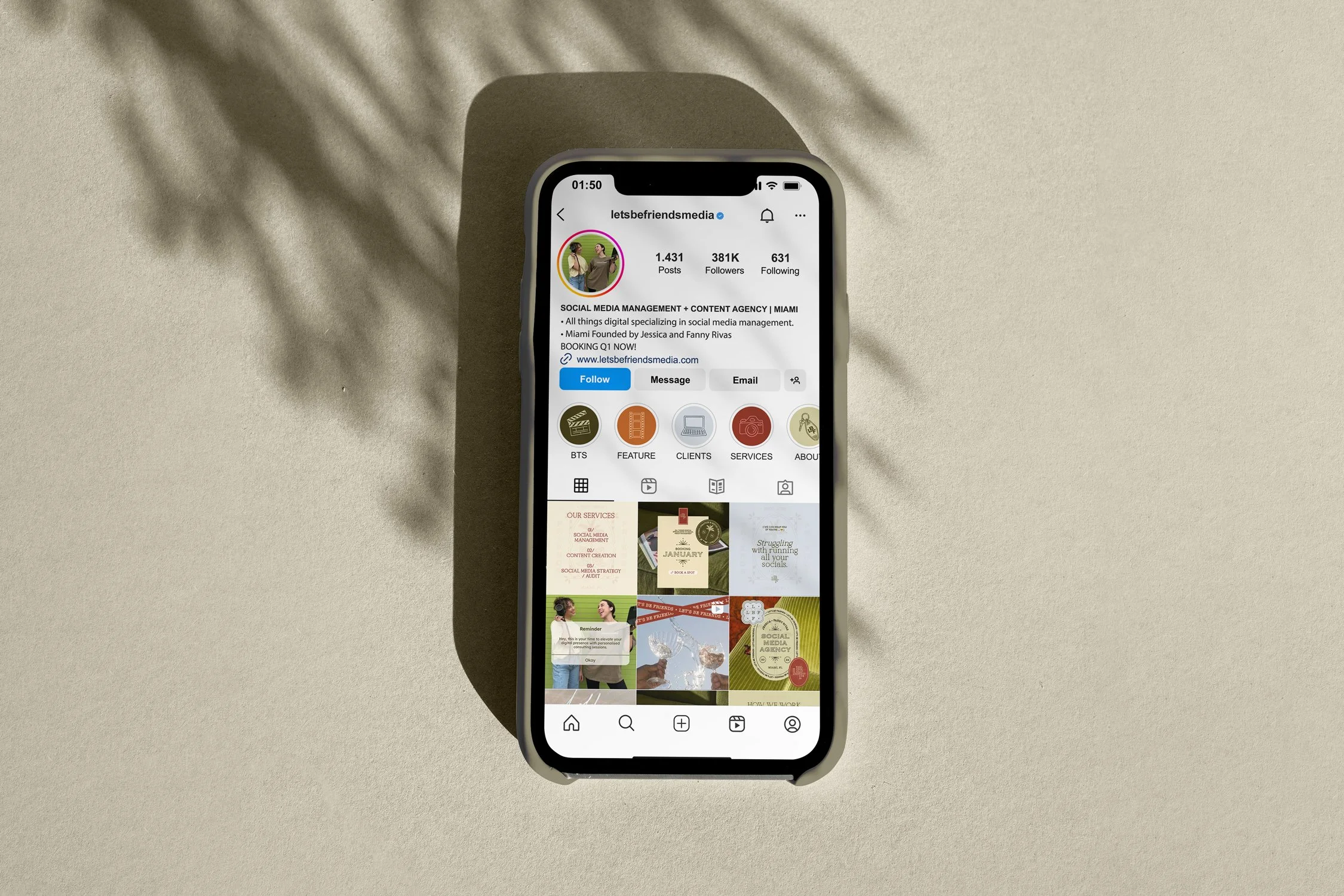 Smartphone displaying an Instagram profile page on a light surface with leafy shadows. The profile shows posts, follower count, and an option to follow, message, or email.